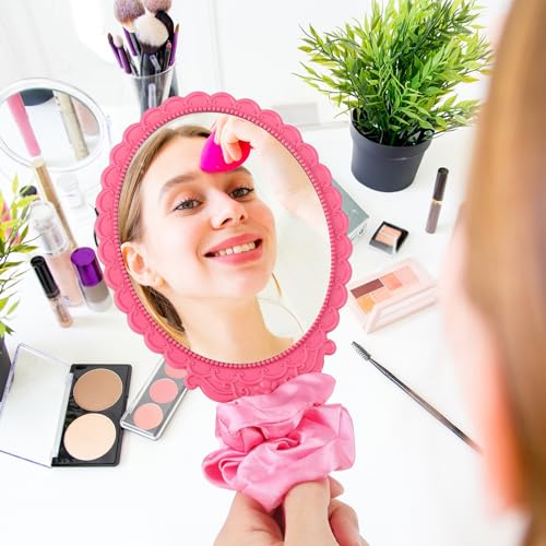 Qunclay 24 Pcs Pink and Green Witch Party Favors Pink & Green Handheld Mirrors with Hair Scrunchie Witch Merch Accessories Theme Birthday Party Decorations Gifts for Women BFF Movie Night Couples