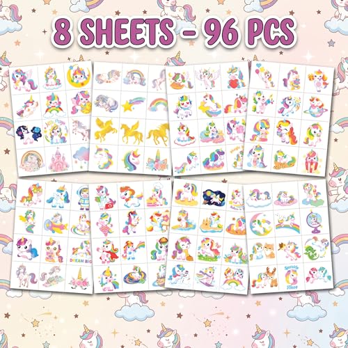 96 PCS Unicorn Temporary Tattoos for Kids | Pre-Cut Party Favors