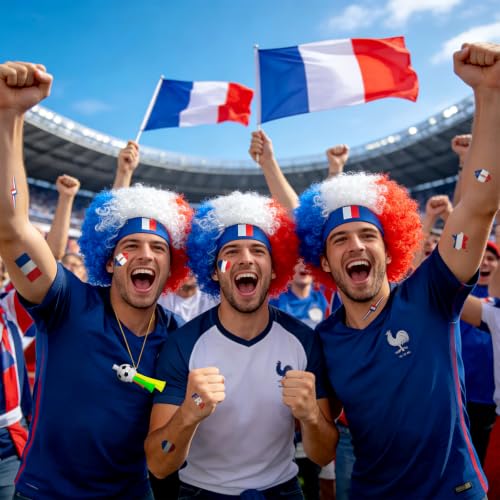 France Soccer Fan Gear Set with Temporary Tattoos, Wig & Loud Horn – World Cup Party Supplies