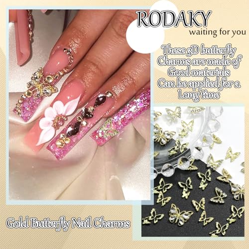 RODAKY 30PCS Butterfly Nail Charms Gold Butterflies Nail Art Jewelry 3D Butterfly Nail Gems Rhinestone for Nails Manicure DIY Accessories for Women and Girls