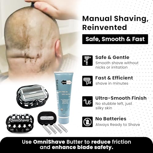 Premium Omnishaver Kit - Fastest Way to Shave Head, Legs, Arms, Body | An alternative to Disposable Shaving Razors Self Cleans & Strops During Use with Shave Butter & Replacement Cartridges - Black