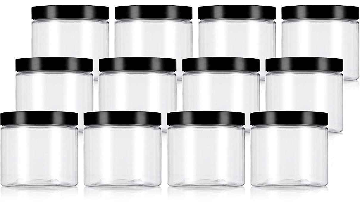 JUVITUS 16 oz Clear PET Plastic Refillable Jar with Black Smooth Lid (12 pack) + Labels