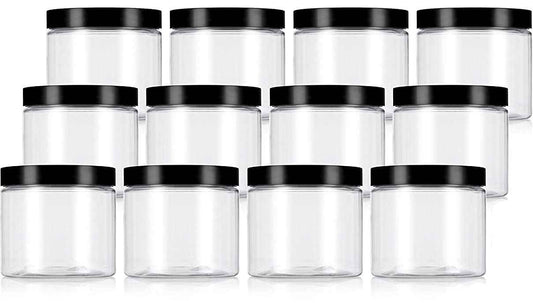 JUVITUS 16 oz Clear PET Plastic Refillable Jar with Black Smooth Lid (12 pack) + Labels