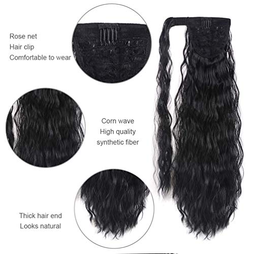 YEAME Corn Wave Ponytail Extension Clip in - 22 Inch Long Wavy Curly Wrap Around Pony Tail Heat Resistant Synthetic Hairpiece for Women (Natural Black #1B)