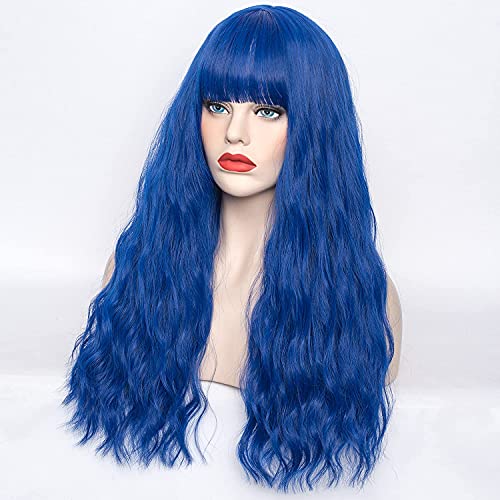 WGPFWIG Women's Blue Wig 22''Long Curly Wavy Wig Shoulder Length Flat Bangs Wig For Women Girl Cosplay Party Halloween Wig Cap Included (22''Blue)