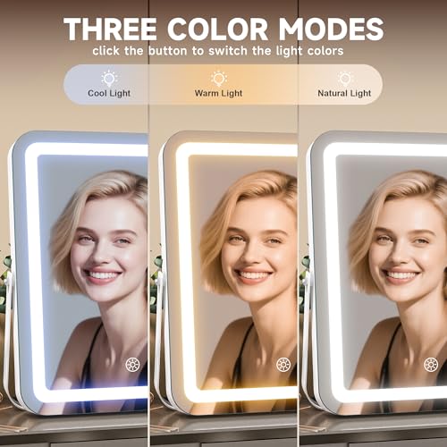 MINISO Vanity Mirror with Lights, 13.8" x 10.6" LED Makeup Mirror, Light & Brightness Adjustment, Smart Sensor, Aluminum Alloy Metal White Frame, with 5X Magnifying Glass