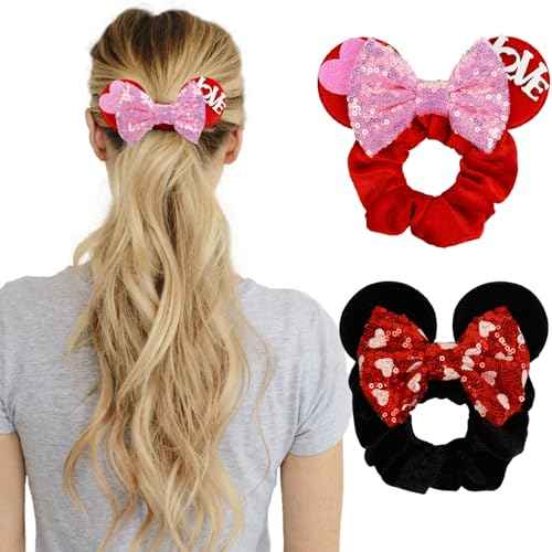 Mouse Ear Hair Scrunchies for Women, Sequins Hair Bow Scrunchies Velvet Mouse Ears Hair Ties for Ponytail Party Favors Cute Hair Accessories