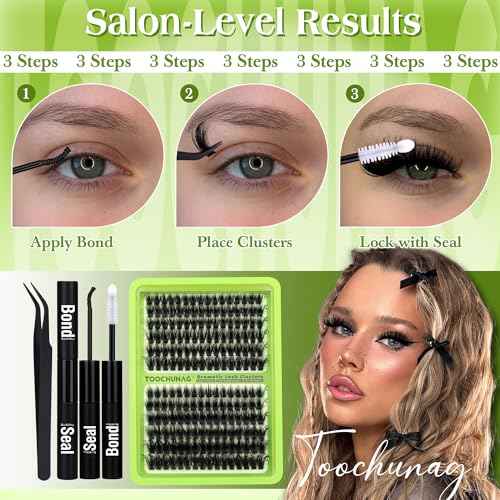 Thick Lash Clusters Kit 12-24mm Long Fluff Cluster Eyelash Extensions 180D+240D D Curly Individual Lashes Clusters Kit DIY Lash Extension Kit with Lash Bond and Seal for Eyelash Clusters by TOOCHUNAG