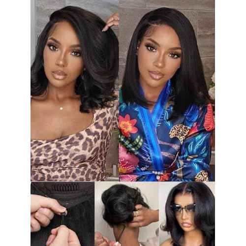 Nadula Yaki Straight Bob Drawstring Wig Human Hair Glueless Pre Cut 7x5 HD Bye Bye Knots Lace Front Wig Pre Plucked Invisible Knots Ready to Wear Short Light Yaki Bob Wigs 150% Density 14inch