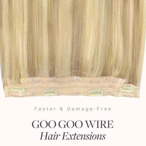 GOO GOO Wire Hair Extensions Human Hair, 16/22 Light Blondewith mix Golden Blonde Highlighted 14inch 75g, Invisible Wire Hair Extensions with Transparent, Seamless Fish Line Hairpiece