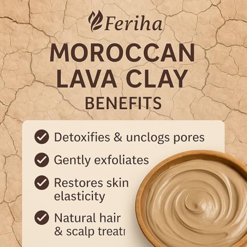 FERIHA Moroccan Rhassoul Bio Mineral Clay Powder ? Natural Face, Body & Hair Mask | Deep Cleansing, Revitalizes Skin & Enhances Elasticity | 200g / 7oz