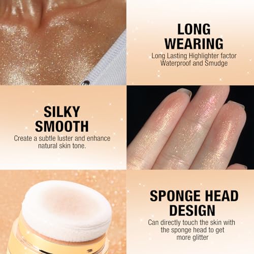Glitter Body Highlighter Powder Body Shimmer Sparkle Face Highlighter Powder for Face Eyes Body Glow Makeup With sponge head£¨ Golden£©