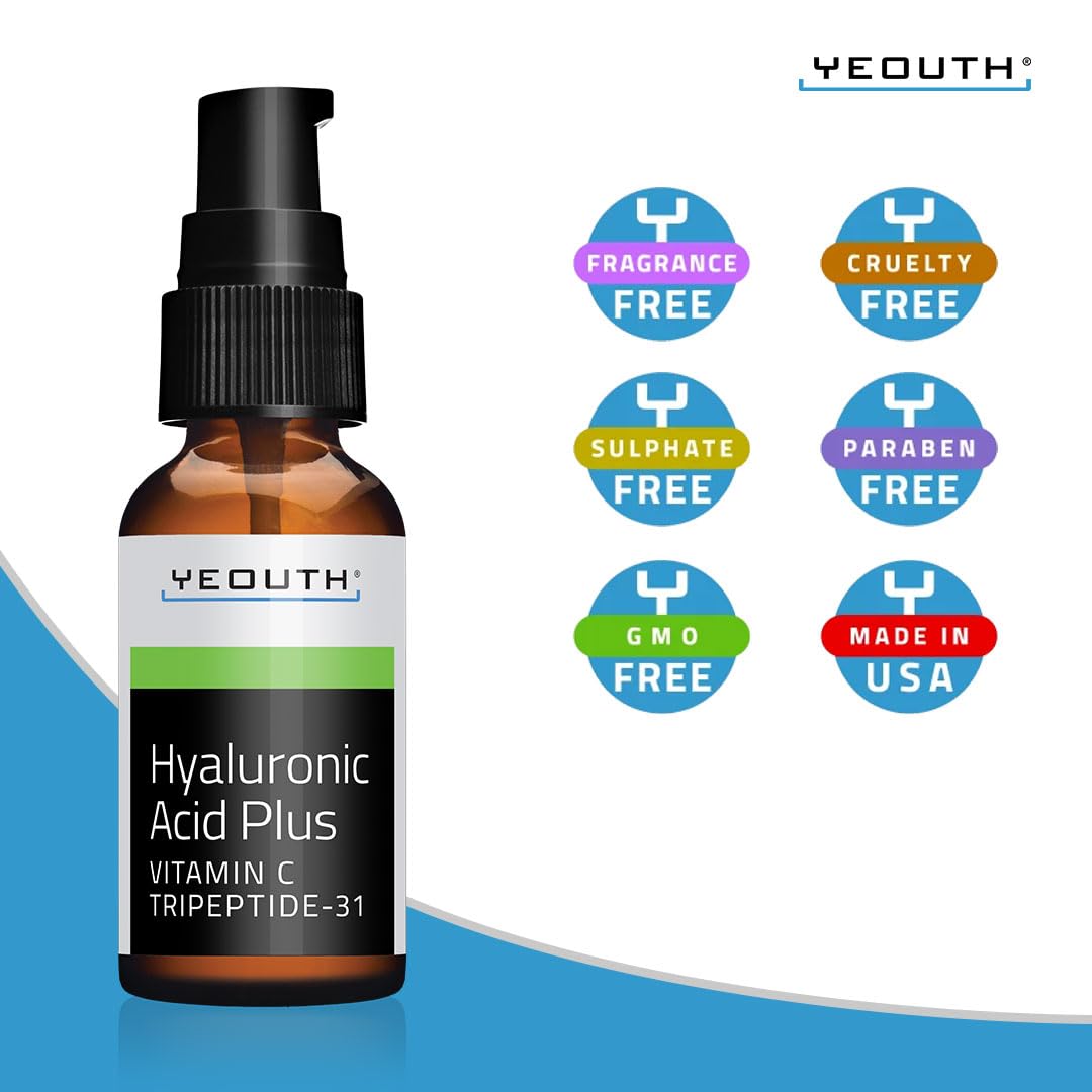 YEOUTH Hyaluronic Acid Serum for Face with Vitamin C, Hydrating Serum, Minimize the Look of Wrinkles, Patchy & Dull Skin, Face Serum for Women & Men 1oz