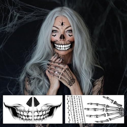 8-Piece Skeleton Halloween Face Tattoos - Waterproof Makeup Stickers