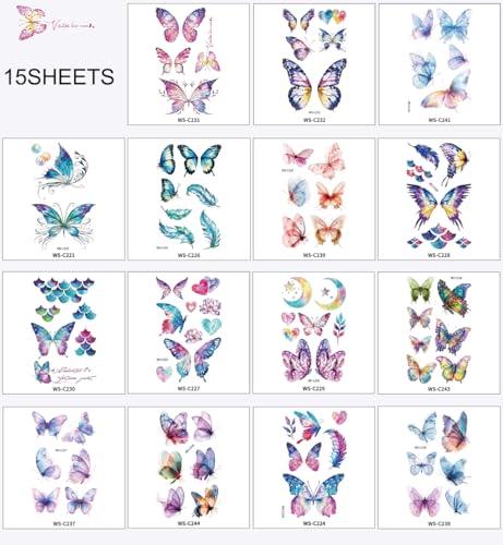 Glitter Butterfly Temporary Tattoos - 15 Sheets for Face & Body