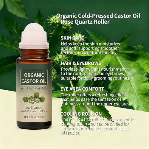 Organic Castor Oil Roll-on with Rose Quartz - 1.7oz, Cold-Pressed for Skin, Brows & Lashes (Variation 1)