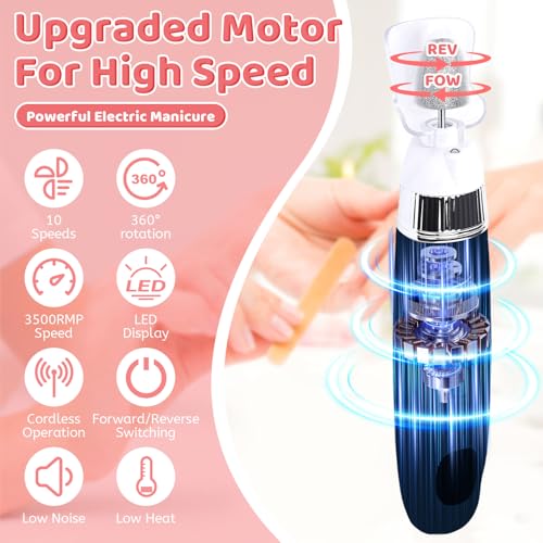 Electric Nail File,10 Speeds Cordless Nail Drill, Portable E Filer for Nails with LED Lighting, Battery Operated Rechargeable Power Nail File, Electric Nail Drill Kit for Thick Toenail Polishing