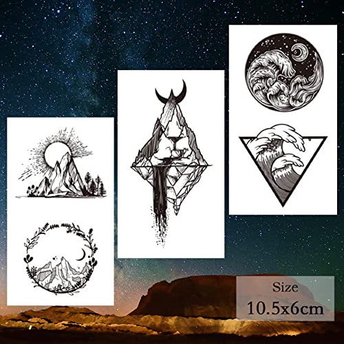 62 Sheets Temporary Tattoos - Black Geometry & Mountain Designs