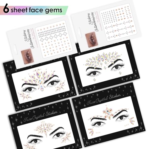 Face Gems Rhinestones Stickers - 6 Sheets Self Adhesive Jewels