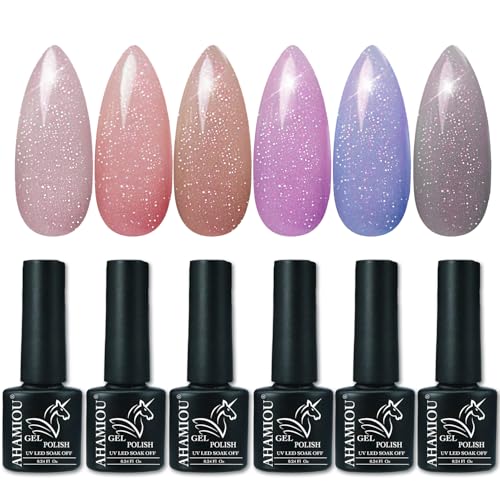 AHAMIOU Nail Polish Holographic Pink Shimmer Gel Nails Glitter Set Sparkly Shiny Reflective Nail Polish Kit Neutral Sheer Nude Gel Polish Diamond Gel for Home Salon DIY,6PCS