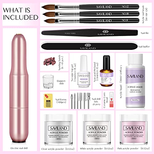 SAVILAND Acrylic Nail Kit with Drill: 3 Colors Acrylic Powder, Nail Liquid, 20,000 RPM Electric Nail File, Brushes & All Essential Tools, Nail Kit for Beginners with Everything for DIY Extension