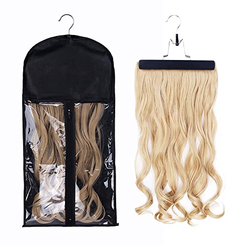 RJMBMUP 1 Pack Hair Extensions Storage Bag with Wooden Hanger - Black