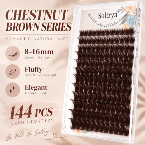 Sultrya Chestnut Brown C Curl Lash Clusters 144PCS - Natural Fluffy Volume Eyelashes for DIY Extensions