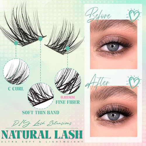 Natural Lash Clusters Wispy Eyelash Clusters 8-14mm Ultra-soft Cluster Eyelash Extensions 132pcs Lightweight Individual Lashes with Thin Band Lashes Natural Look for Beginners (Dandelion)