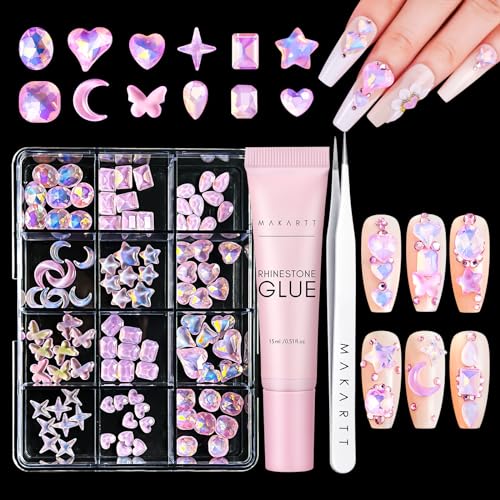 Makartt Nail Charms Rhinestone Glue Kit 15ml Gel Nail Glue with 100PCS Pink Rhinestone Gems 3D Nail Art Decor with Tweezer Acrylic Nail Supply for Nail Techs DIY Nail Decorations Gift