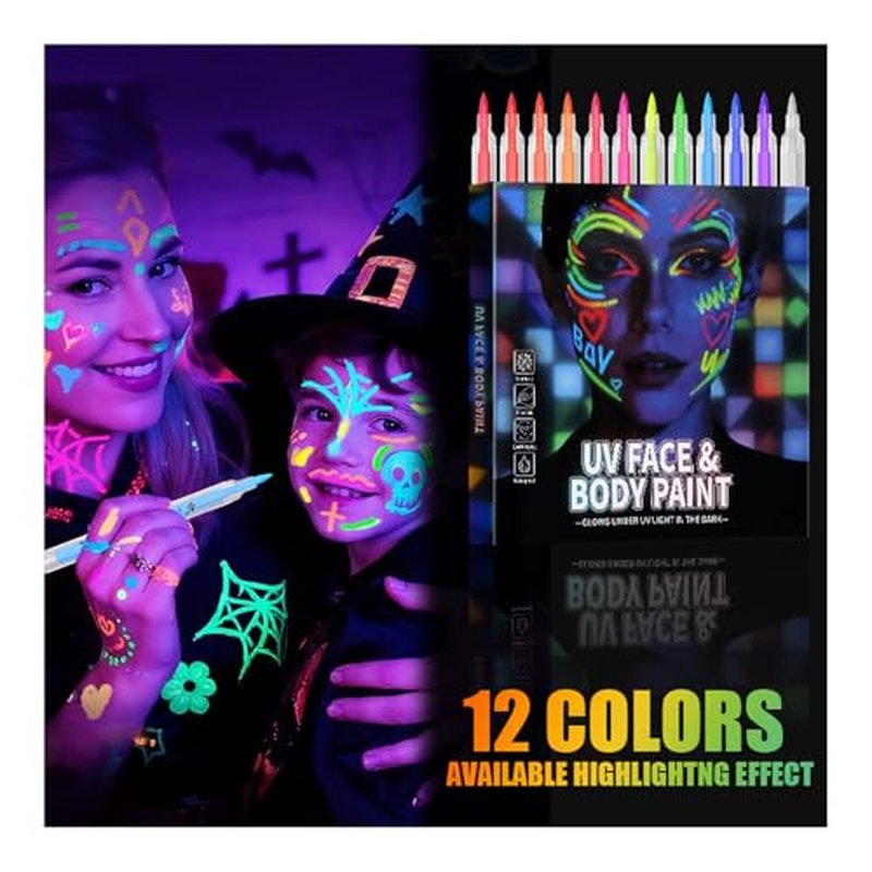 12-Color UV Glow Body Paint Marker Set - Washable Neon Makeup