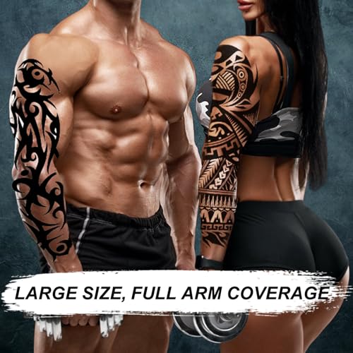6 Sheets Full Arm Temporary Tattoos, Large Black Totem Tattoo Sleeves, Realistic Fake Tattoos for Men and Women, Waterproof and Long Lasting Tribal Tattoo Stickers for Cosplay, Parties, and Halloween