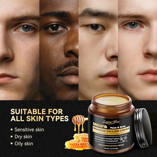 Men's Beef Tallow for Skin, Whipped Grass-Fed Beef Tallow Face Cream, Tallow Balm with Anti-Aging Retinol & Hyaluronic Acid, Mens Skin Care Face Moisturizer, Reduces Wrinkles Lines, Sandalwood, 3.5 OZ