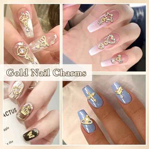100 Pcs Gold Nail Charms and Gems, Gold Dangle Star Bows Nail Gems Charms, Metal Crown Heart Butterfly Charms for Acrylic Nail Art Alloy Cross Nail Charms for Women DIY Accessories