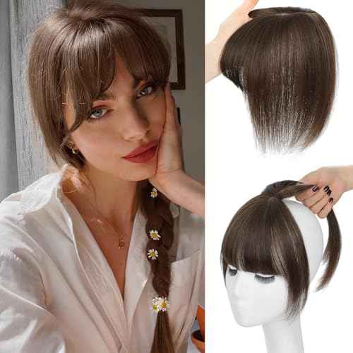 Hair Toppers for Women Real Human Hair, 360¡Æ Cover Clip in Bangs Medium Brown Wispy Bangs HairPieces for Women Daily (Medium Brown, 3D Bangs)