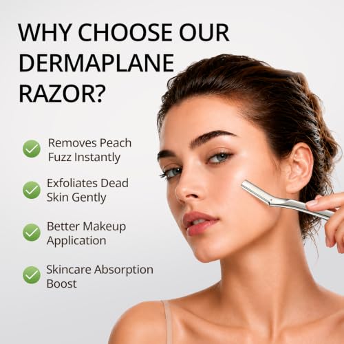 Metal Dermaplane Razor for Face & Brows - Reusable Silver Facial Hair Remover with 12 Blades