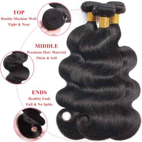 16A Human Hair Bundles 12 14 16 Inch Body Wave Bundles Human Hair 300g Brazilian Virgin Body Wave 3 Pieces Deals Brazilian Quick Weave Extensions Wet and Wavy Extensions Natural Black