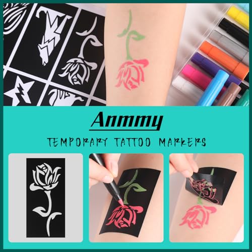 Temporary Tattoo Markers for Skin, 16-Count + 77 Stencils