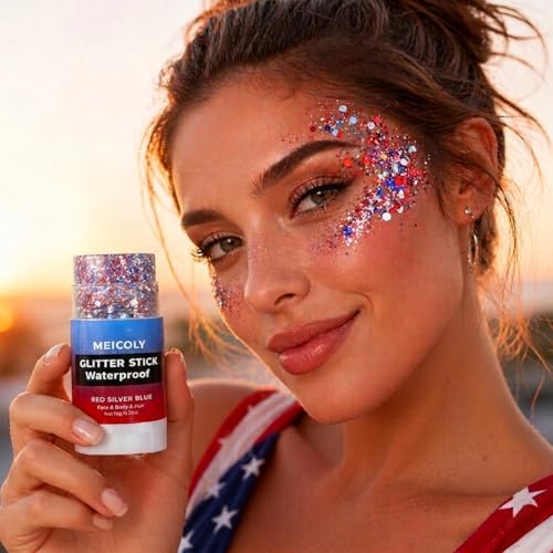 4th of July Red White Blue Glitter Stick with Stars