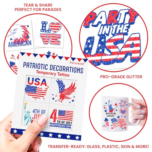 Partywind 60 Pcs 4th of July Glitter Tattoos - Patriotic Party Favors
