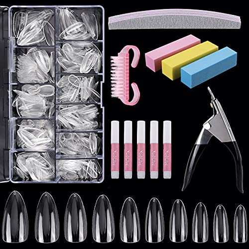 513Pcs Acrylic Nail Kit - 500Pcs Almond Clear Nail Tips with 5Pcs Nail Glues, 3Pcs Sponge Nail Files, 3Pcs 100/180 Grit Nail Files, Nail Clippers, Dust Brush