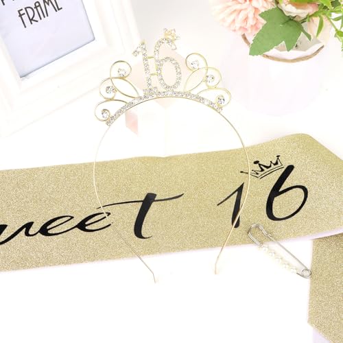 YARIEW Sweet 16 Birthday Sash Headband, Sweet 16 Birthday Decorations for Girls, Birthday Crown and Sash, 16th Birthday Gifts for Girls, Sweet Sixteen Gifts for Girls Gold