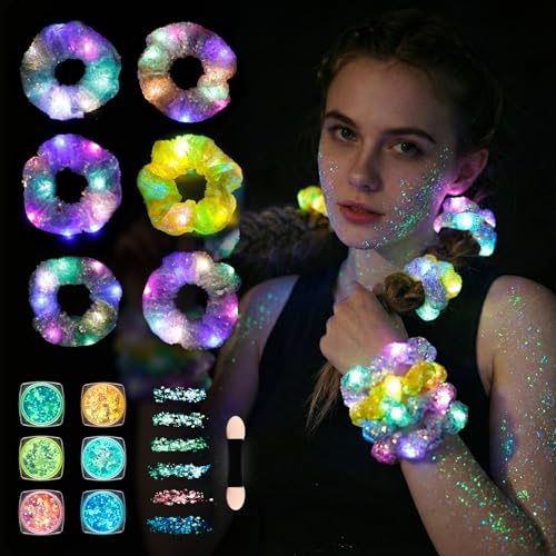 LED Light Up Hair Scrunchies & Glow-in-the-Dark Body Glitter Set for Parties