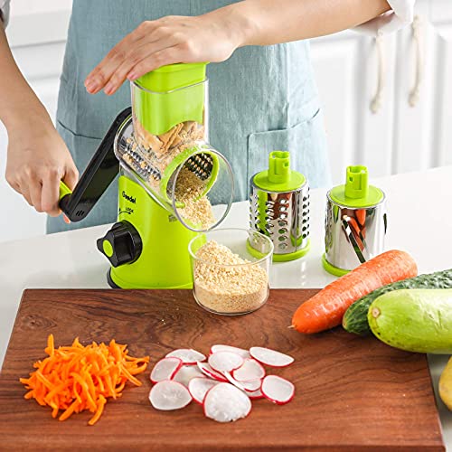 Geedel Rotary Cheese Grater, Kitchen Mandoline Vegetable Slicer with 3 Interchangeable Blades, Easy to Clean Rotary Grater Slicer for Fruit, Vegetables, Nuts