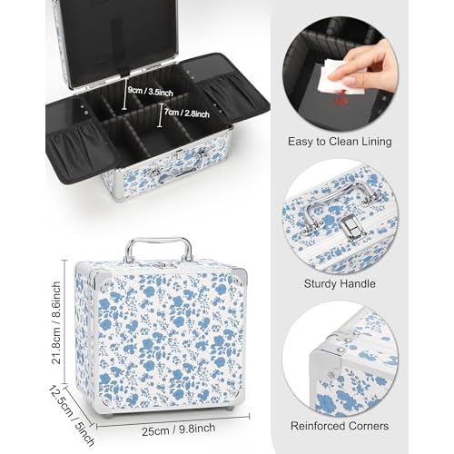 Relavel Makeup Bag with LED Mirror, Makeup Box Travel Train Case with Rechargeable Lighted Mirror, Cosmetic Brush Organizer Storage for Makeup Artists Gifts for Women and Girls, Floral Print