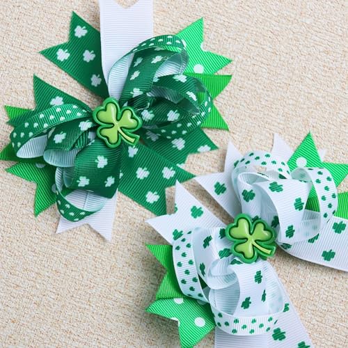 St. Patrick's Day Hair Bows Clips Irish Green Shamrock Hairpin for Kids Grosgrain Ribbon Bowknot Boutique Alligator Hair Clips Green Saint Headwear Accessories for Kids Girls Women 2 Packs