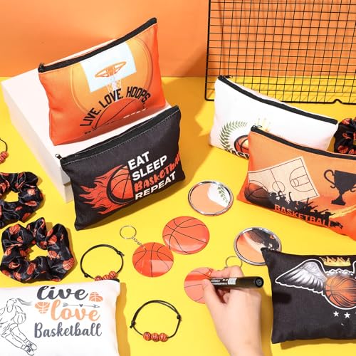 75 Pieces Basketball Team Gifts Set Includes 12 Pcs Makeup Bag 12 Ball Drawstring Bags 12 Hair Ties 12 Bracelets 12 Pcs Compact Mirror 12 Keychains(Orange Color,Basketball)