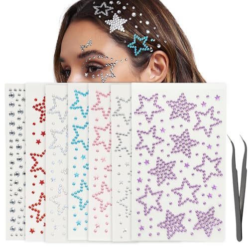 7-Pack Self-Adhesive Star Face Gems with Tweezers