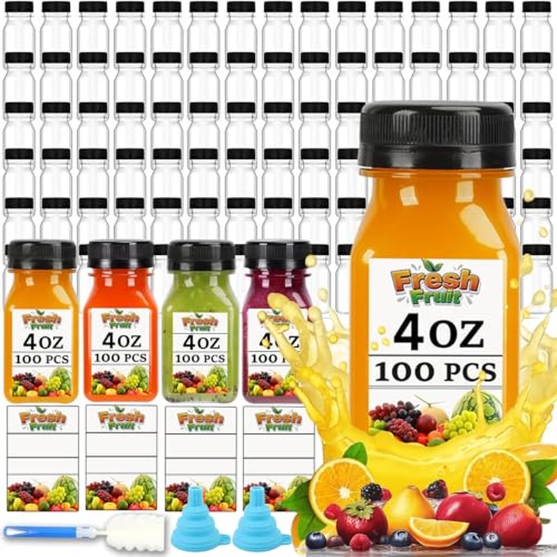100 Pack 4oz Clear Plastic Juice Bottles with Caps & Labels