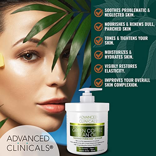 Advanced Clinicals Green Coffee Bean Thermo Firming Body Cream | Anti Cellulite Cream | Caffeine Body Lotion Moisturizer To Firm, Tighten, & Hydrate Look Of Legs, Arms, Tummy, Butt, & Thighs, 16 Oz