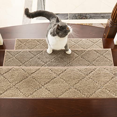 COSY HOMEER Edging Stair Treads Non-Slip Carpet Mat 28inX9in Indoor Stair Runners for Wooden Steps, Edging Stair Rugs for Kids and Dogs, 100% Polyester TPE Backing(4pc, Beige)